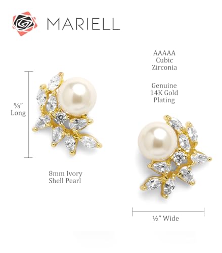 Mariell Pearl & Marquise CZ Crystal Wedding Earrings for Bride, Bridesmaids & Mother of the Bride - color: Gold