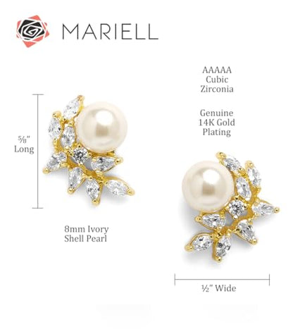 Mariell Pearl & Marquise CZ Crystal Wedding Earrings for Bride, Bridesmaids & Mother of the Bride - color: Gold