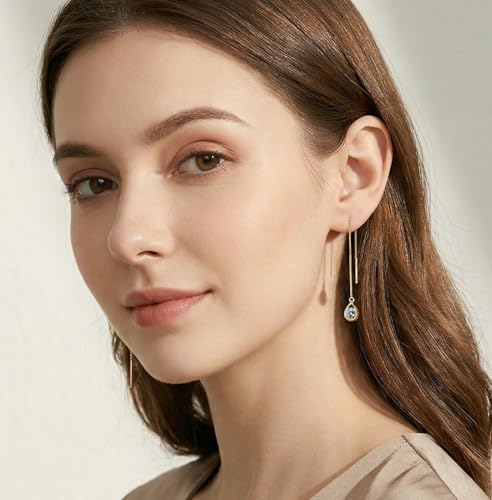 Reffeer Solid 925 Sterling Silver CZ Droplet Chain Dangle Earrings for Women Teen Girls Tassel Dangle Earrings Threader - color: B-Yellow