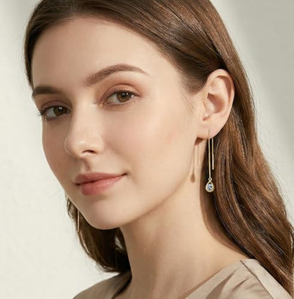 Reffeer Solid 925 Sterling Silver CZ Droplet Chain Dangle Earrings for Women Teen Girls Tassel Dangle Earrings Threader - color: B-Yellow