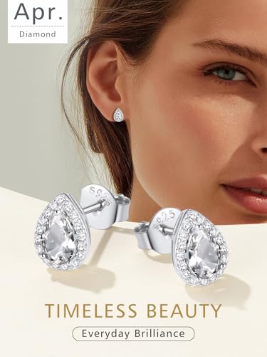 FindChic Birthstone Earrings for Women, Round/Heart/Square/Teardrop Earrings with 925 Sterling Silver Posts & Push Backs, Hypoallergenic Studs with Cubic Zirconia, 12 Months Jewelry with Gift Box - style: 04. April-Diamond (Teardrop)