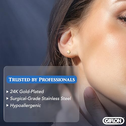 Caflon 16G 24K Gold Plated Rock Crystal Piercing Studs, Sterilized, 4/5mm | 24K gold plated, hypoallergenic, sterilized, gun or needle safe, 4mm-5mm - size: 4mm