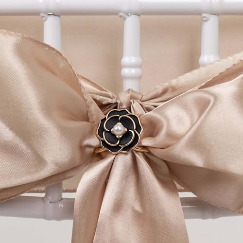 Efavormart.com 10 Pack Black Pearl Floral Metal Chair Sash Pin Buckles with Gold Rim, 3D Rose Shaped Scarf Bow Napkin Rings - color: Black, size: Style8_Pack of 10