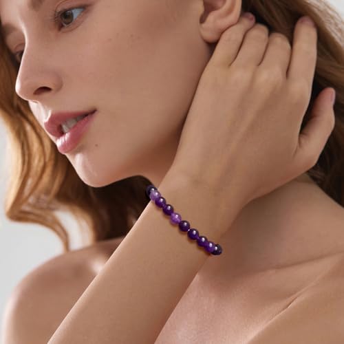 Crystal Beaded Bracelets for Women 4mm Clear Quartz Bead Handmade Gemstone Stretch Elastic Bracelet Natural Stone Crystal Healing Reiki Spiritual Jewelry Gifts - color: Amethyst, size: 8mm