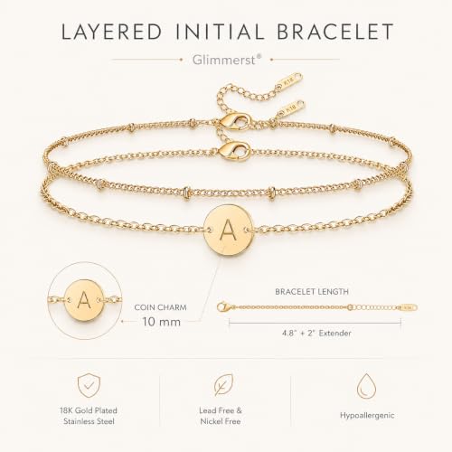 Glimmerst Initial Bracelet for Women 18K Gold Plated Stainless Steel Layered Coin Letter Bracelet Beaded Chain Personalized Name Bracelet - color: D Gold