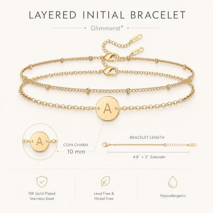 Glimmerst Initial Bracelet for Women 18K Gold Plated Stainless Steel Layered Coin Letter Bracelet Beaded Chain Personalized Name Bracelet - color: E Gold