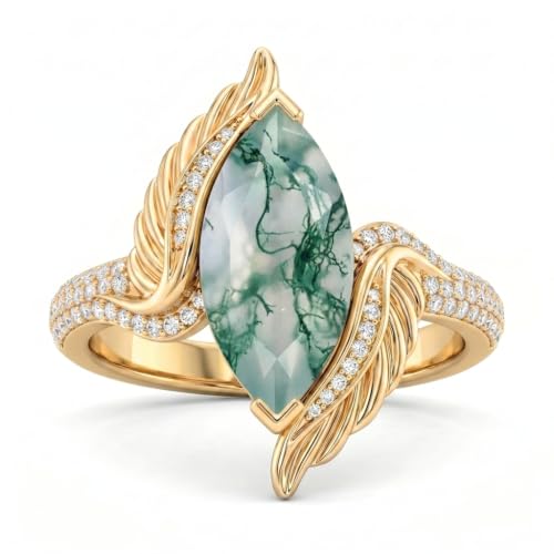 WSX Marquise Cut Gemstone Statement Ring for Women 10K 14K 18K Gold Vintage Feather Design Gemstone Promise Rings Jewelry Gifts - color: Moss Agate