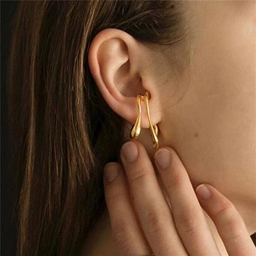 Minimalist Double Line Teardrop Cuff Wrap Clip on Earrings for Women Non Pierced Ear Unique Design 14K Gold Plated Silver Fake Hoop Hypoallergenic Fashion Trendy Jewelry - color: gold