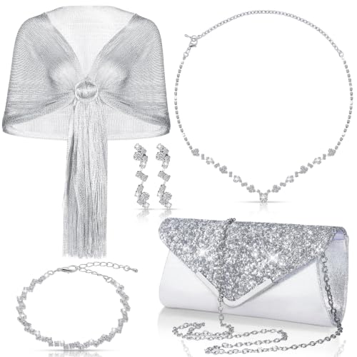 Tiamon 5 Pcs Rhinestone Jewelry Sets Shawls and Wraps Formal Clutch Purses for Women Evening Dresses Weddings Engagement - style: Delicate