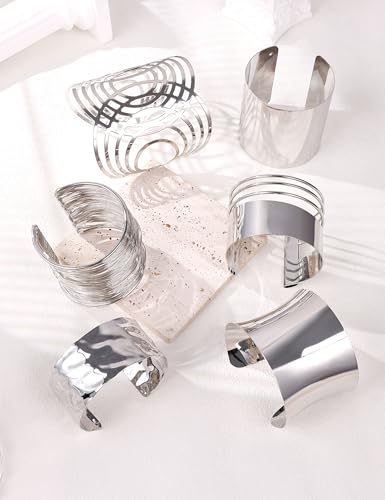 REVOLIA 6Pcs Chunky Cuff Bracelets Set for Women Minimalist Irregular Statement Wrist Cuff Adjustable Hammered Bangles Bracelets Open Wide Wire Arm Cuff Bracelet - color: Silver-A