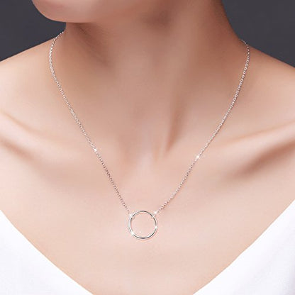 Ladytree S925 Sterling Silver Circle Necklace for Women Dainty Simple Open Circle Pendant Day Collar Style with Rolo Chain 18+2 Inch Trendy Silver Necklace