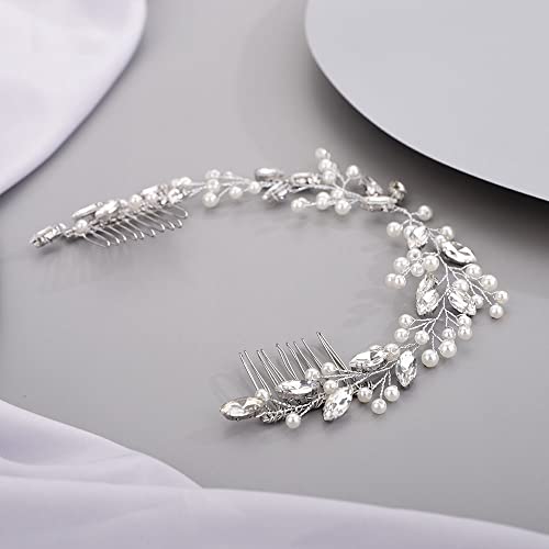 Chargances Bridal Pearl Crystal Hair Vine Comb Wedding Silver Long Headband Hair Comb Fashion Handmade Headpiece Bridal Hair Accessories for Wedding Prom Flower Girl (Silver) - color: Silver