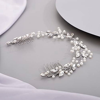 Chargances Bridal Pearl Crystal Hair Vine Comb Wedding Silver Long Headband Hair Comb Fashion Handmade Headpiece Bridal Hair Accessories for Wedding Prom Flower Girl (Silver) - color: Silver