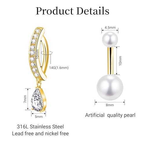 LEE&RO Gold Belly Button Ring for Women - Surgical Steel Navel Piercing Jewelry 14G - color: Gold
