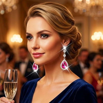 Catery Rhinestone Earrings Silver Crystal Teardrop Earrings Long Wedding Jewelry for Women - color: Hot-Pink