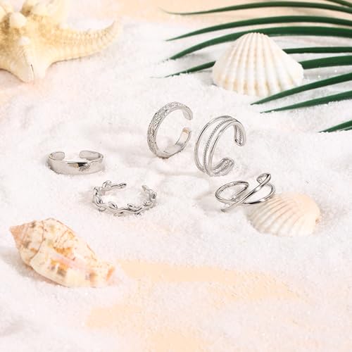 5Pcs Toe Rings for Women | Adjustable Toe Rings,Non Tarnish Ring,Open Band Toe Rings Set Summer Beach Gifts - color: Silver