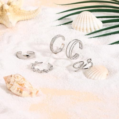 5Pcs Toe Rings for Women | Adjustable Toe Rings,Non Tarnish Ring,Open Band Toe Rings Set Summer Beach Gifts - color: Silver