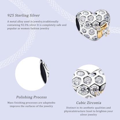 14K Gold Plated Silver Charms for Pandora, Women Heart Family Love Pet Animal Bead Dangle for Bracelets Necklace Jewelry Gift - color: Bees and Beehives