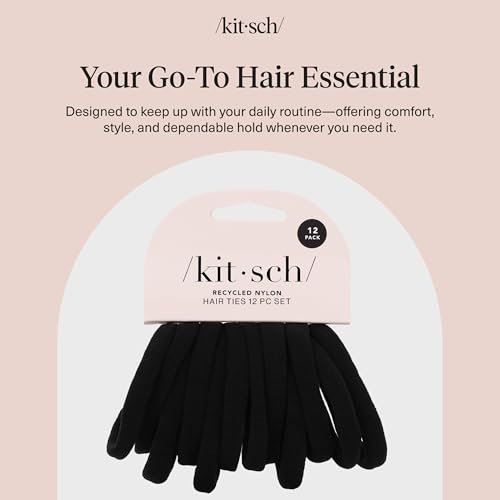 Kitsch Elastic Hair Ties No Damage | Stretchable Hair Bands - Black, 12pcs | Strong All-Day Hold Hair, Rubber Bands For Hair, Ponytail Holders | Hair Accessories for Everyday Use - color: Black Medium (Pack of 12)
