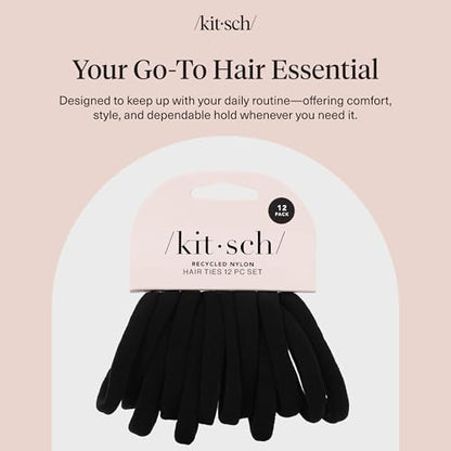 Kitsch Elastic Hair Ties No Damage | Stretchable Hair Bands - Black, 12pcs | Strong All-Day Hold Hair, Rubber Bands For Hair, Ponytail Holders | Hair Accessories for Everyday Use - color: Black Medium (Pack of 12)