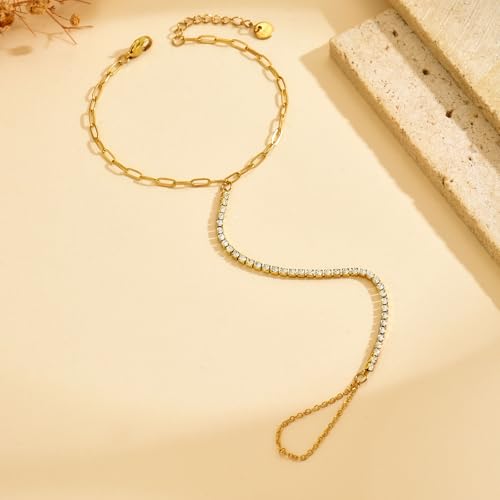 Dainty 18K Gold Plated Tiny Bracelets with Finger Ring for Women | Waterproof Hypoallergenic Adjustable Hand Harness Chain Jewelry - color: Paperclip Tennis-GD