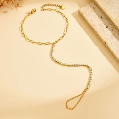 Dainty 18K Gold Plated Tiny Bracelets with Finger Ring for Women | Waterproof Hypoallergenic Adjustable Hand Harness Chain Jewelry - color: Paperclip Tennis-GD