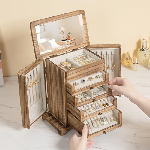 Large Jewelry Box & Organizer for Women, Wooden Jewelry Storage with 4 Transparent Drawers, Holds Necklaces, Rings, Bracelets, Earrings and Watches(Brown) - color: Rustic Brown