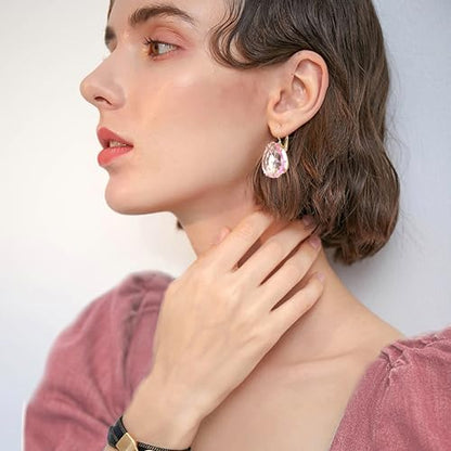 14K Gold Teardrop Crystal Leverback Earrings Sparkly Rhinestone Water Droplet Dangle Drop Earrings For Women - color: Light Pink