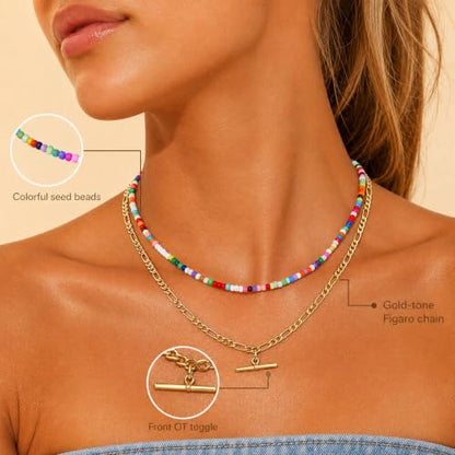 Seed Beaded Layered Necklace for Women 14K Gold Plated Figaro Chain T Bar Pendant Necklace Set, Colorful Beaded Choker Necklace, Dainty Boho Jewelry Gift