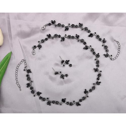 Brides Bridesmaid Flower Leaf Choker Necklace Dangle Earrings Link Bracelet Austrian Crystal Wedding Jewelry Set for Prom Costume Party Accessories for Woman - color: Black-Gun Plated