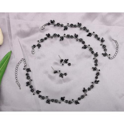 Brides Bridesmaid Flower Leaf Choker Necklace Dangle Earrings Link Bracelet Austrian Crystal Wedding Jewelry Set for Prom Costume Party Accessories for Woman - color: Black-Gun Plated