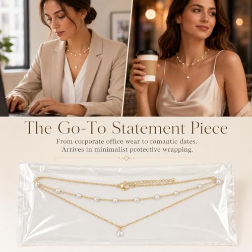 14K Gold Plated Layered Pearl Necklace, Waterproof Double Strand Choker | 14K gold plated, waterproof chains, embedded faux pearl stations, single pendant, fits beach, business or casual wear.