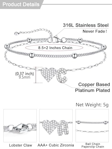 U7 Heart Initial Ankle Bracelets for Women Waterproof, Silver/14K Gold Plated Anklets CZ Initial Heart Anklets Stainless Steel Summer Beach Ankle Adjustable 8.5"-10.5" - color: Silver