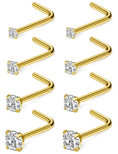 Hoeudjo Hypoallergenic Nose Rings Studs 24G Surgical Stainless Steel Cubic Zirconia Nose Studs for Women Men Screw & Bone & L Shaped Nostril Piercing Jewelry with 1.5mm 2mm 2.5mm 3mm CZ - color: goldtone,L-shaped nose studs