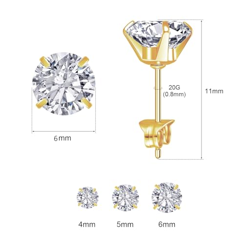 6 Pairs Stud Earrings for Women, 14K Gold Plated Hypoallergenic 316L Surgical Stainless Steel Earrings Studs Sets Cubic Zirconia Cartilage Earrings - color: Gold- 3 Pairs- 4 5 6mm