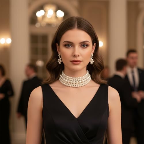 5 Layers Round Imitation Pearl Choker Necklace, Vintage White Multi-Strand Pearlchoker Necklaces for Women Bridal Wedding Party