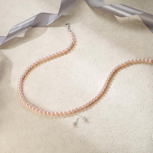EVER FAITH Dainty Round Imitation Pearl Strand Necklace Stud Earrings Delicate Wedding Costume Prom Faux Pearls Jewelry for Women Bride - color: Pink Pearl, size: 6mm