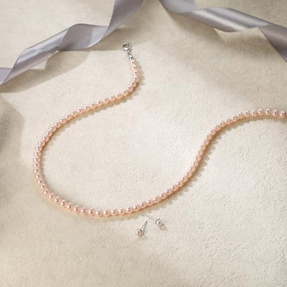EVER FAITH Dainty Round Imitation Pearl Strand Necklace Stud Earrings Delicate Wedding Costume Prom Faux Pearls Jewelry for Women Bride - color: Pink Pearl, size: 6mm