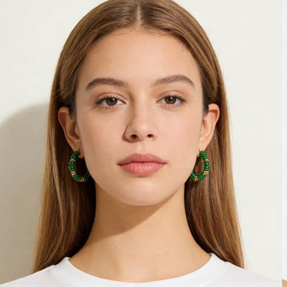 Wellike Beaded Hoop Earrings for Women Natural Stone Pink Gold Huggie Earrings Hypoallergenic Dainty Waterproof Trendy Jewelry - color: green, size: 35mm