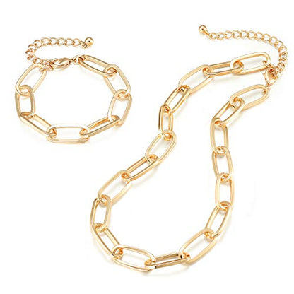 LANE WOODS Chunky Gold Necklace and Bracelet Set for Women, Paperclip Chain | Matching necklace and bracelet set, polished paperclip links, chunky statement style for layering, daily wear, and gifting - color: 15"Chain+7"Bracelet