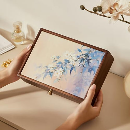 Walnut Wooden Jewelry Box for Women, Magnolia Oil Painting Decor | Small Jewelry Organizer,7 Necklace Hooks, Velvet-Lined, For Watches Rings Earrings Necklace Bracelets, Ideal Gift for Her - style: 1 Layer B
