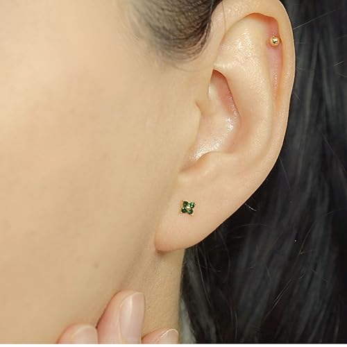 QueenBee 14K Gold Plated Ivy Flower Birthstone Stud Earrings for Women Dainty Floral Gemstone Studs Unique Jewelry Gift for Her - color: May-Emerald