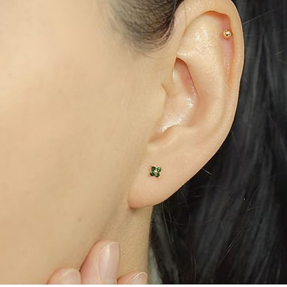 QueenBee 14K Gold Plated Ivy Flower Birthstone Stud Earrings for Women Dainty Floral Gemstone Studs Unique Jewelry Gift for Her - color: May-Emerald