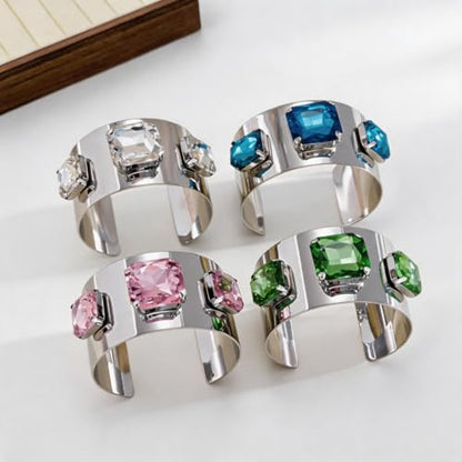 Punk Square Crystal Open Bracelet for Women Fashion Wide Cuff Bangle Bracelets Shiny Rhinestone Rectangle Charm Bangle Geometric Statement Jewelry Gifts - color: White