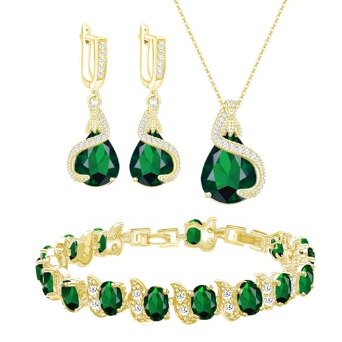 GZWHD Jewelry Set for Women Water Drop Cubic Zirconia Artificial Crystal Earrings Pendant Necklace Open Ring Tennis Bracelet Wedding Anniversary Birthday Engagement Gift for Bridesmaid Wife Girlfriend Friend - color: Gold-Green-No Ring
