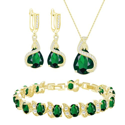 GZWHD Jewelry Set for Women Water Drop Cubic Zirconia Artificial Crystal Earrings Pendant Necklace Open Ring Tennis Bracelet Wedding Anniversary Birthday Engagement Gift for Bridesmaid Wife Girlfriend Friend - color: Gold-Green-No Ring