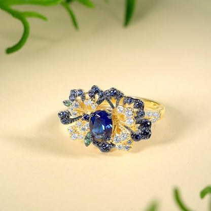 Santuzza Sterling Silver Gemstone Flower Ring for Women - color: [A]Peony-Blue & Yellow