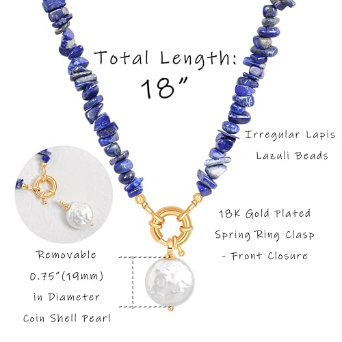 Aobei Pearl 18K Gold Plated Pendant Necklace for Women Dainty Gold Chain Choker Love Heart Disc Coin Pearl Cross Toggle Jewelry - style: Lapis Lazuli Coin Pearl