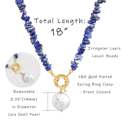Aobei Pearl 18K Gold Plated Pendant Necklace for Women Dainty Gold Chain Choker Love Heart Disc Coin Pearl Cross Toggle Jewelry - style: Lapis Lazuli Coin Pearl