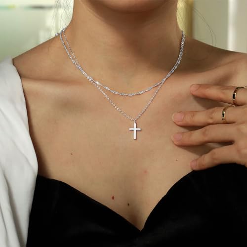 Zalcon Cross Necklace for Women, Gold Plated/Sterling Silver Plated Layered Choker Pendant Necklaces for Women Stack Jewelry for Women Trendy - style: Silver